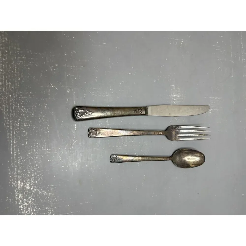 Vintage Wm Rogers Floral Silverplate Flatware Set of 3 Knife Fork Spoon IS